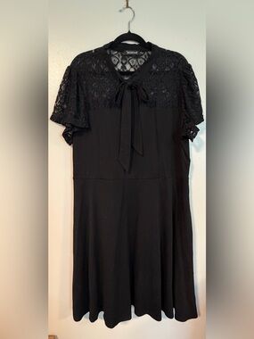 Black Lace-Yoke Midi Dress with Tie Neck